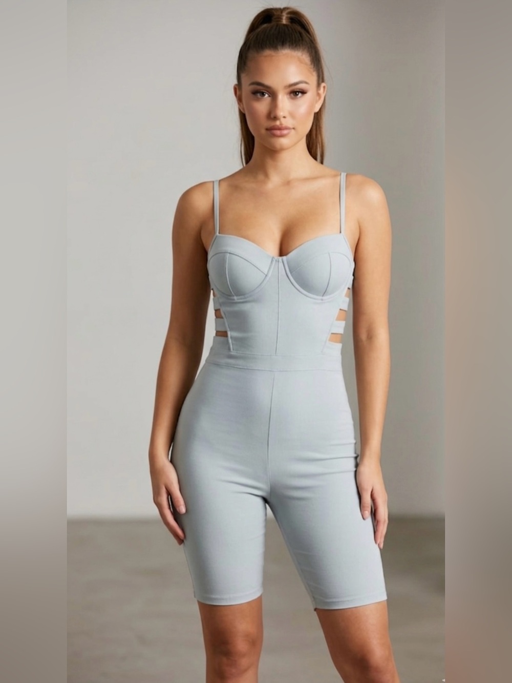Haute Monde Strappy Bustier Romper in Light Blue